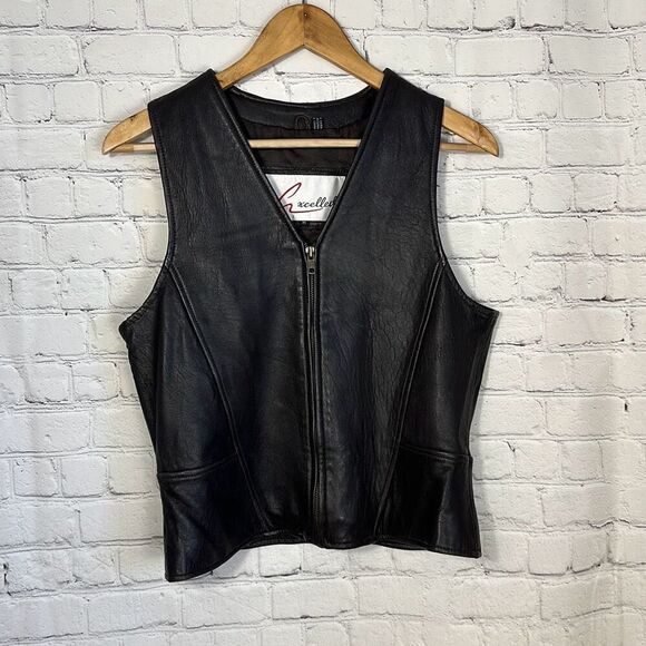 Excelled Black Leather Snap Motorcycle  Biker Vest Womens Medium Full Zip - Picture 1 of 5